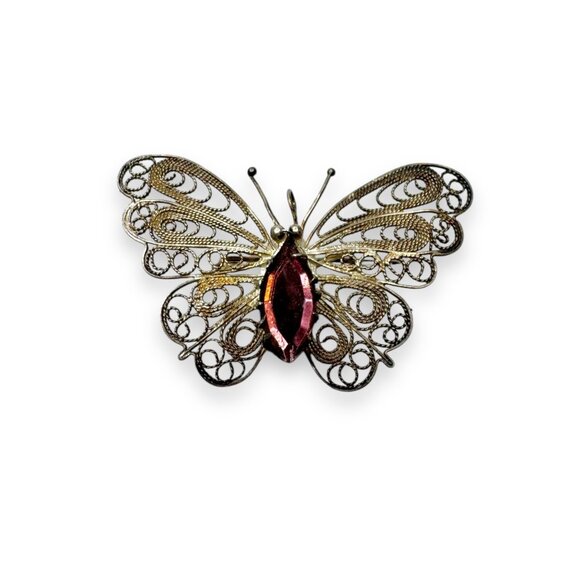 BAC Jewelry - Butterfly Filigree Sterling Silver Brooch Purple Crystal Signed BAC
